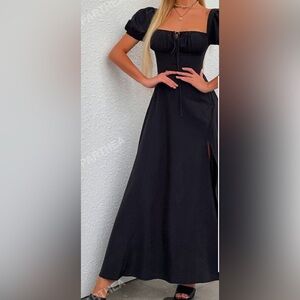 Puff Sleeve Tie Front Elegant Black Maxi Dress 12 NWT